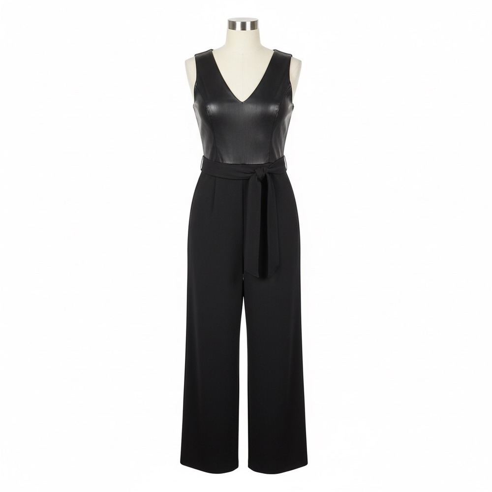 Calvin Klein Jumpsuit XS Black Faux Leather Wide Leg V-Neck Tie Waist Formal